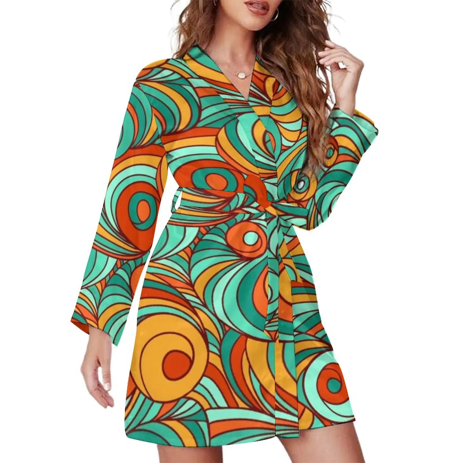 

Swirling Retro 70S Pajama Robe Abstract Lines Print Long Sleeve Fashion Pajamas Robes Lady V Neck Bedroom Nightgown Autumn Dress