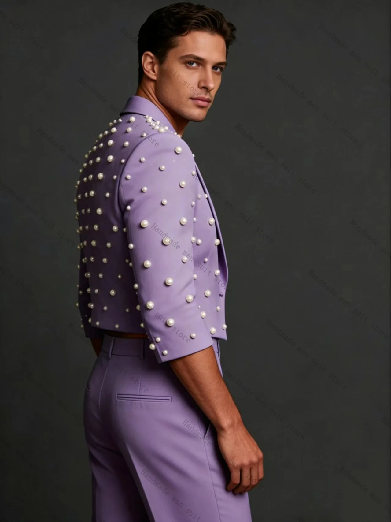 

Pearls Purple Men Suit Set 2 Piece Short Blazer+Cotton Pants Prom Wedding Tuxedos Coat Customized Formal Office Fashion Jacket
