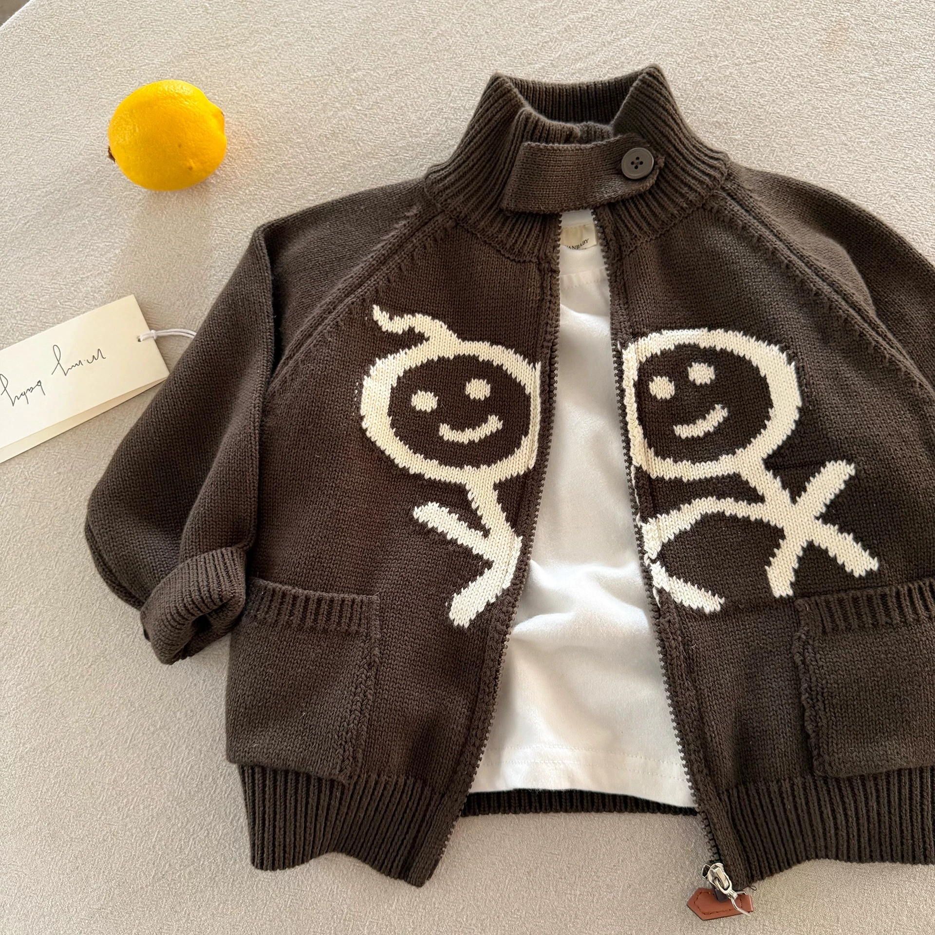 children's-high-collar-knitted-sweater-zipper-embroidery-jacket-cartoon-design-cotton-100-autumn-winter-new-style-unisex-baby