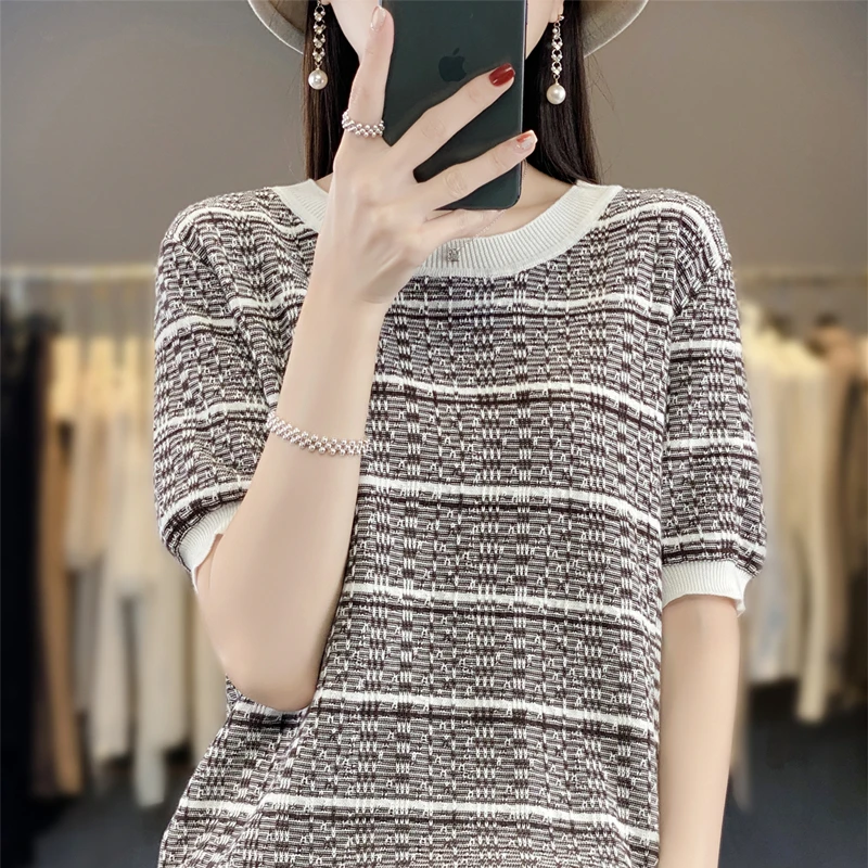 100 Percent Cotton Short Sleeve Tshirt Summer New Striped Contrast Round Neck Loose Thin Womens Knitted Blouse Top Women's Shirt