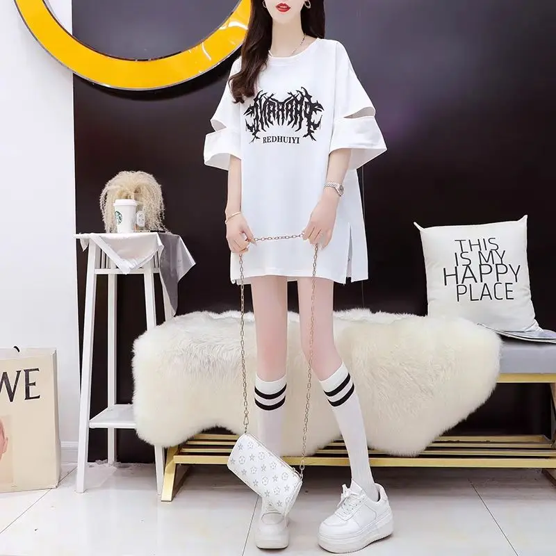 Fashion All-match Letter O-neck T-Shirt Summer Casual Printing Hollow Out Loose Irregular Top Tee Women Clothing Korean Tops