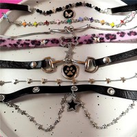 Goth Y2K Star Pendant Plush Leopard Bone Choker Necklace For Women Egirl Sexy Aesthetic EMO Grunge Harajuku Accessories Jewelry