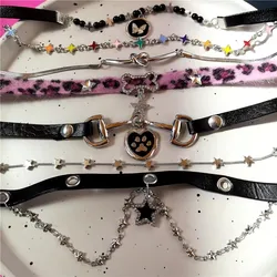 Goth Y2K Star Pendant Plush Leopard Bone Choker Necklace For Women Egirl Sexy Aesthetic EMO Grunge Harajuku Accessories Jewelry