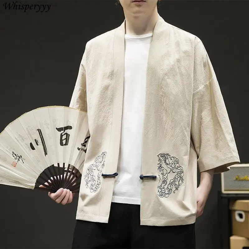 

Хлопково-льняной мужской кардиган Hanfu, новая летняя тонкая китайская одежда, халат, мужские повседневные топы, короткий плащ с вышивкой