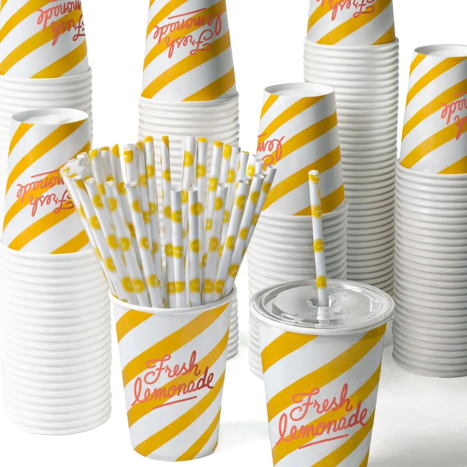 

150 Pieces/ 50 Sets Lemonade Party Cup with Lids and Paper Straws 12oz Disposable for Lemonade Stand, Cup for Fruit Part