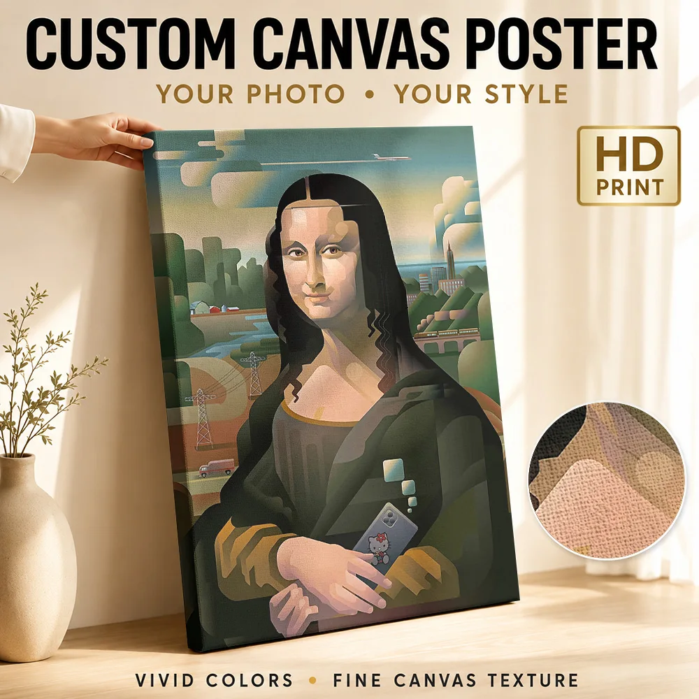 Mona Lisa with Smartphone and Modern Landscape Canvas Painting Poster Personalized Travel Landscape Wall Art for Bedroom Decor
