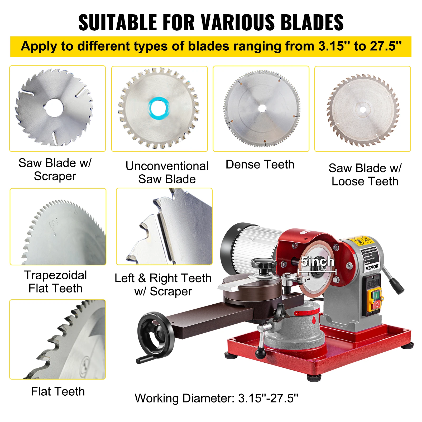 VEVOR Affilatrice Per Lama 370 W Velocità 3400 RPM Affilatrice per Seghe con Scala e 4 Croce per Il Taglio di Alluminio Legno e Materiali Plastici e Tipi di Lame per Seghe Circolari in Metallo Duro