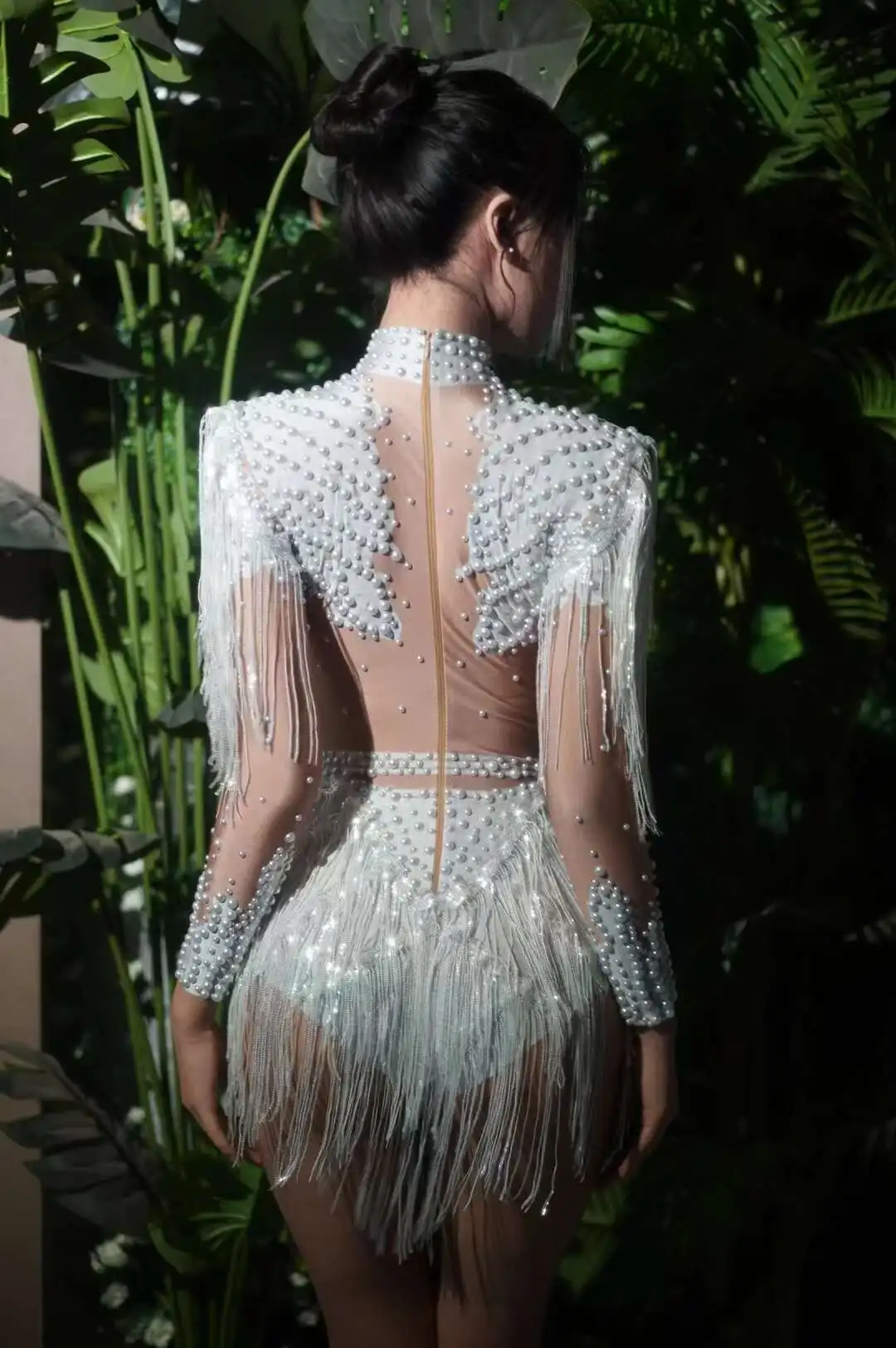 ทองเงินเลื่อมพู่ยืดหยุ่นบอดี้สูทเพศ) เสาเต้นรําละตินเวทีสวมใส่ไนท์คลับนักร้องดีเจนักเต้นเครื่องแต่งกาย Q025