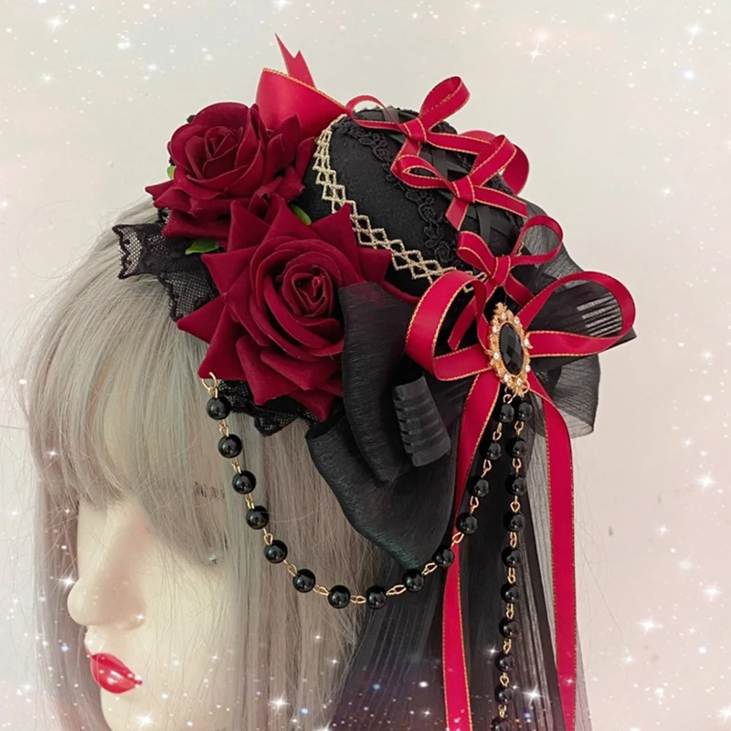 Coiffure Lolita de Style gothique, 1 pièce, nœud en dentelle Rose, petit chapeau plat élégant, couvre-chef pour fille, accessoires pour cheveux Cosplay d'halloween