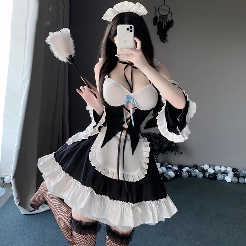 

Japanese Anime Ram Rem Maid Uniform Dress Cosplay Costumes hollowed out strap Dress