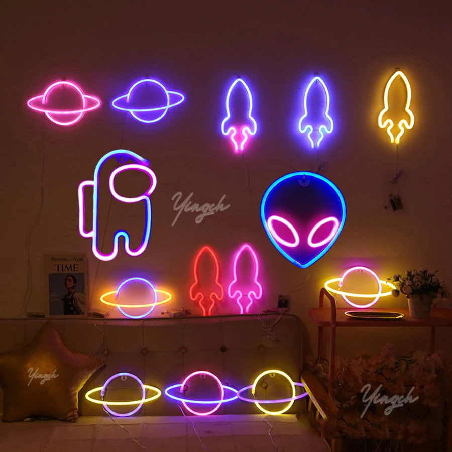 

Alien Astronaut Neon Sign Lights Rocket Space Star Modeling Lamp Nightlight Wall Decoration for Bar Party Game Room Festival