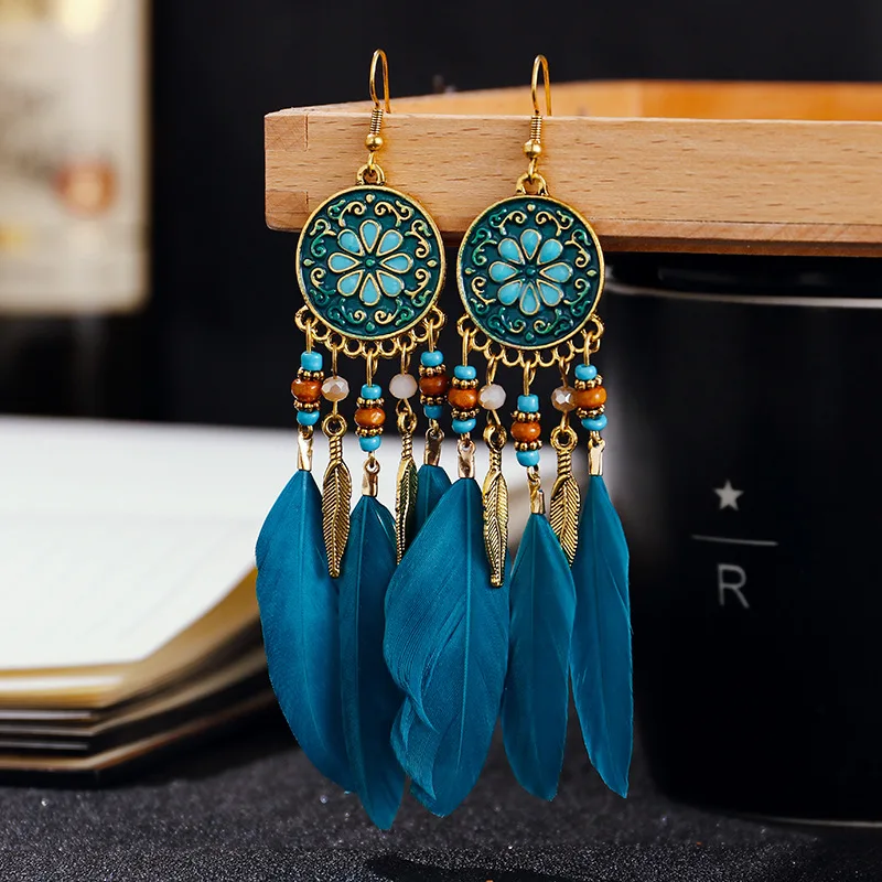 Böhmische lange Feder-Ohrringe für Frauen, klassische ethnische Retro-Temperament-Kette, Blatt-Perlen-Quasten-Ohrringe, Boho-Hochzeitsschmuck – Detail 17
