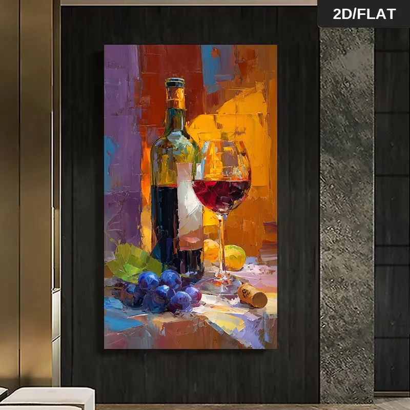 (1PC Unframe)2D Flat, 2D Flat, Modern Abstract Canvas Art Featuring a Bottle of Wine, Grapes, And a Glass, Measuring 27.56 by 55
