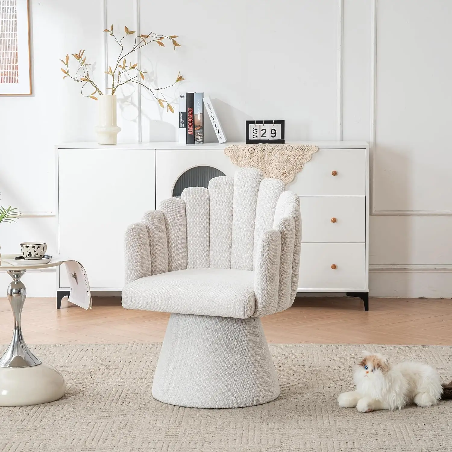 Swivel Barrel Accent Chair, 360° Shell Back Tufted Armchair for Living Room Bedroom Reading Room, Beige, Customized