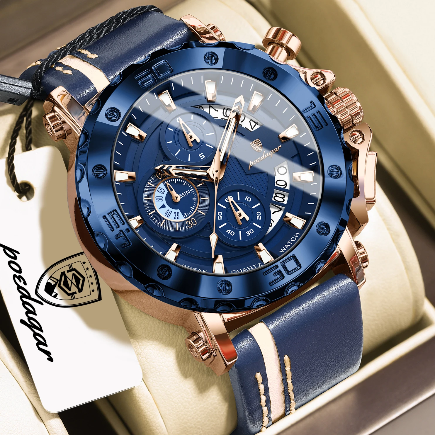 POEDAGAR Fashion Sports Man Wristwatch Date Waterproof Luminous Male Clock Chronograph Leather Quartz Casual Men's Watches Reloj