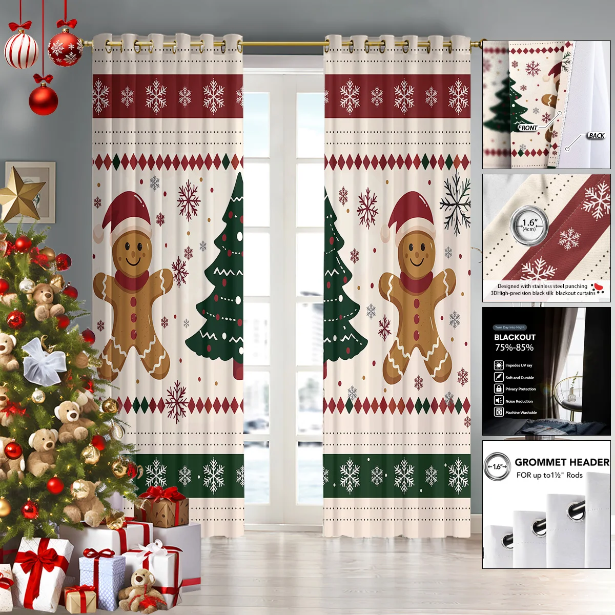 2 Stück Weihnachts-Lebkuchen-Druck, perforierte Verdunkelungsvorhänge, mehrere Größen, Wohnzimmer, Schlafzimmer, Urlaub, Isolierung, Dekoration