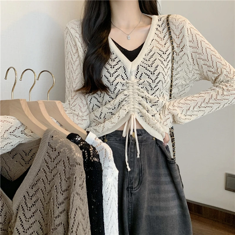 Early Autumn Sweater Pullovers Girls Hollow Out Patchwok Knitted Jumpers Women Full Sleeve V Neck Draw String Loose Tops