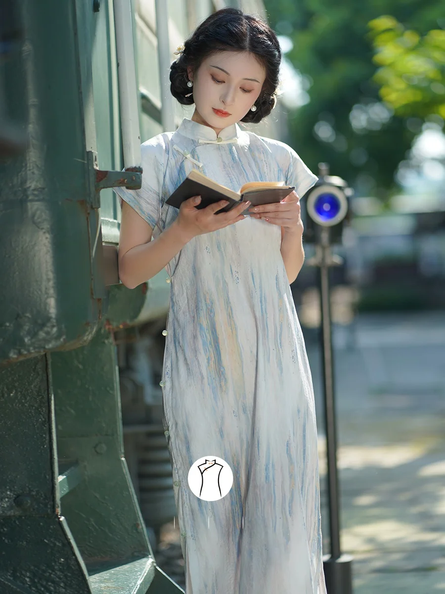 

Blue River Artistic Long Qipao Dr Vintage Sle с полным открывающимся воротником ort Sve Повседневная одежда с низким разрезом для молодых женщин