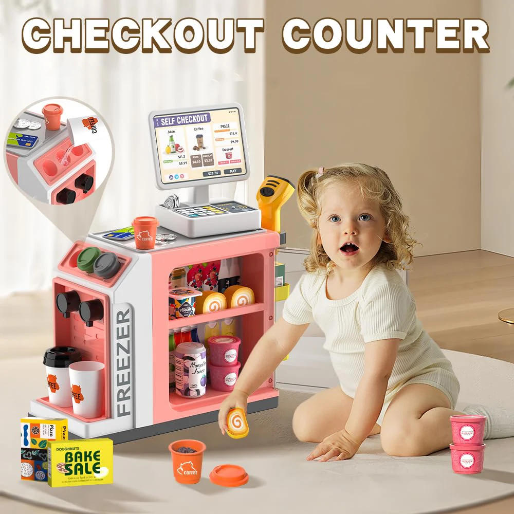 Mini giochi di finzione Il bancone della macchina da caffè per lo shopping del supermercato giocattolo per bambini può produrre un set di banconi per la vendita d'acqua