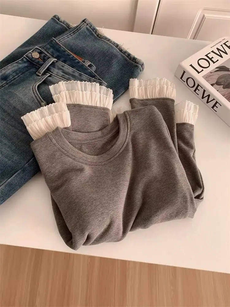 Y2K الدانتيل التي شيرت المرأة الرجعية المرقعة كم طويل الرقبة المستديرة نحى قاعدة ملابس خارجية أوائل الربيع