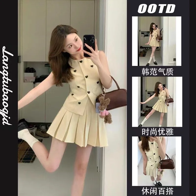 High Quality Korean Elegant Fashion Women OL 2 Piece Set Blazer Vest Top + Pleated Skirt Two Piece Suits Small Fragrance Outfit