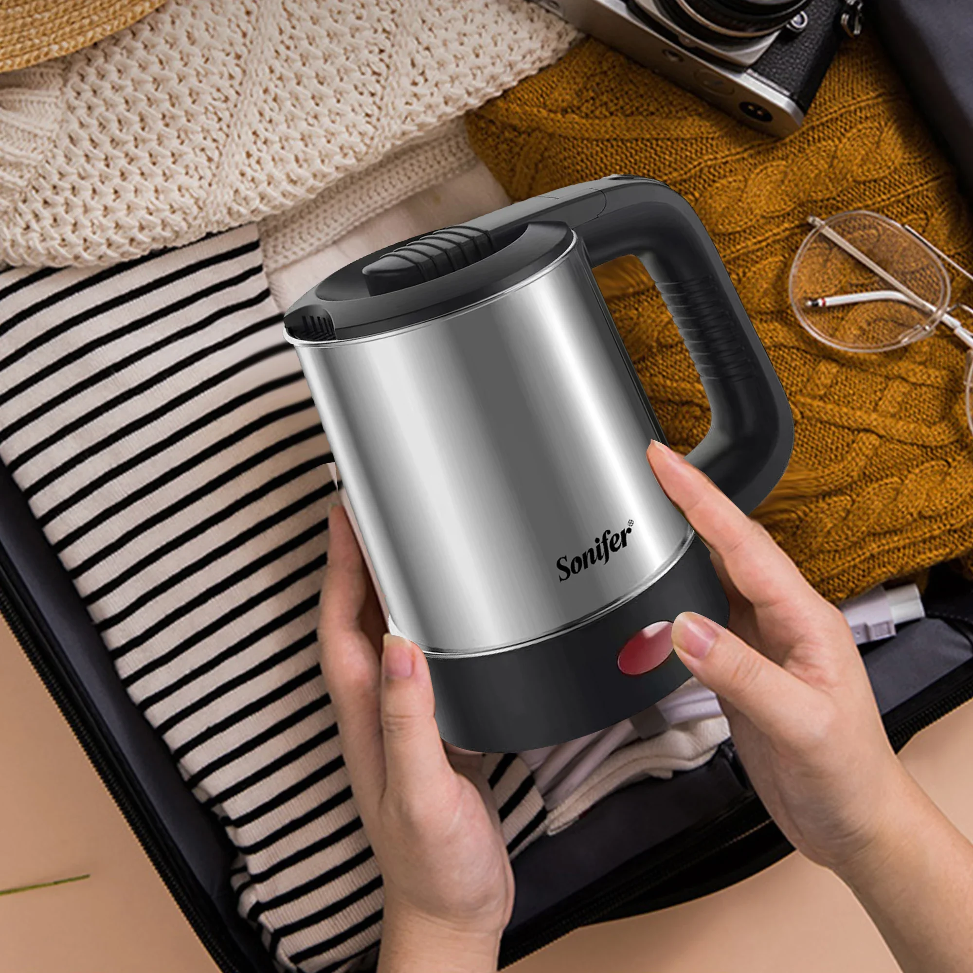 Aço inoxidável Mini Chaleira, Caldeira de água portátil Viagem, Chá e Café Pot, Hotel e Viagem em Família, 0.5L, 600W