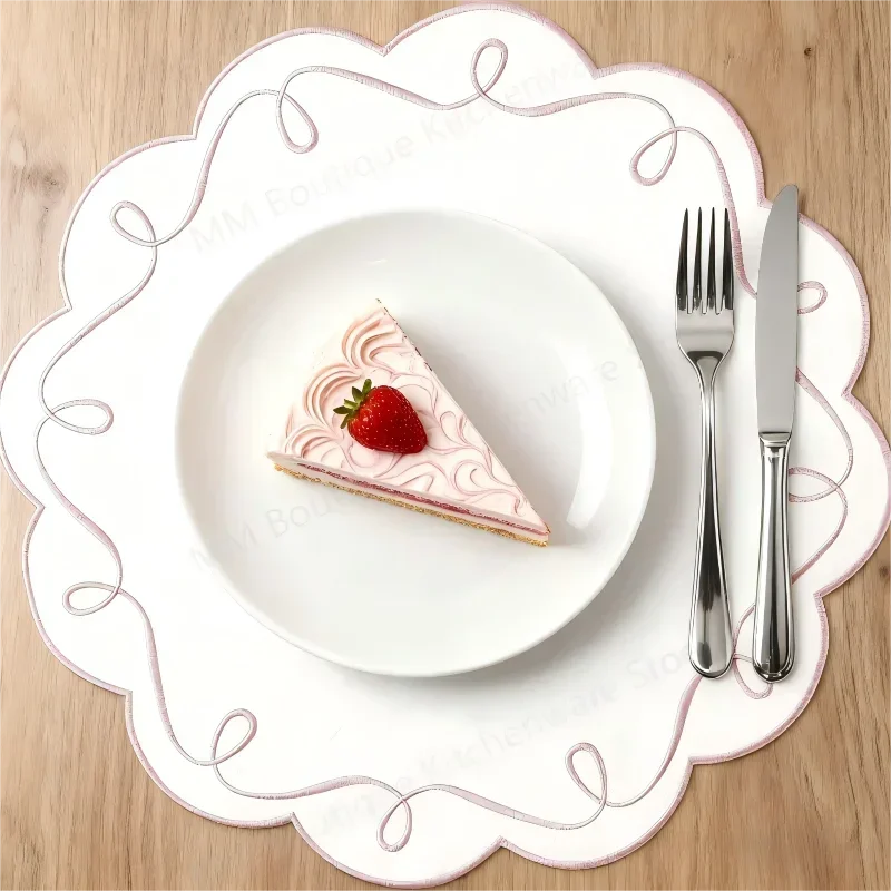 4pcs Cotton Fabric & Wave Embroidery Placemats Individual Table Plate Cloths For Kitchen Table Decoration&Accessories