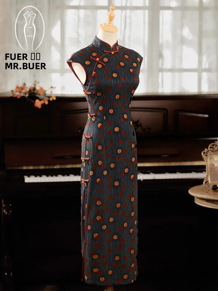 

Ретро-юбка Ele Long Skirt для повседневной носки весной и осенью, из полиэфирного волокна, без рукавов, с круглым точечным узором, дышащая.