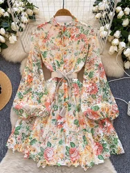 France Elegant Vintage Palace Evening Dress Women Print Sashes Lace Short Party Dress Female Casual Chic Festival Clothing New