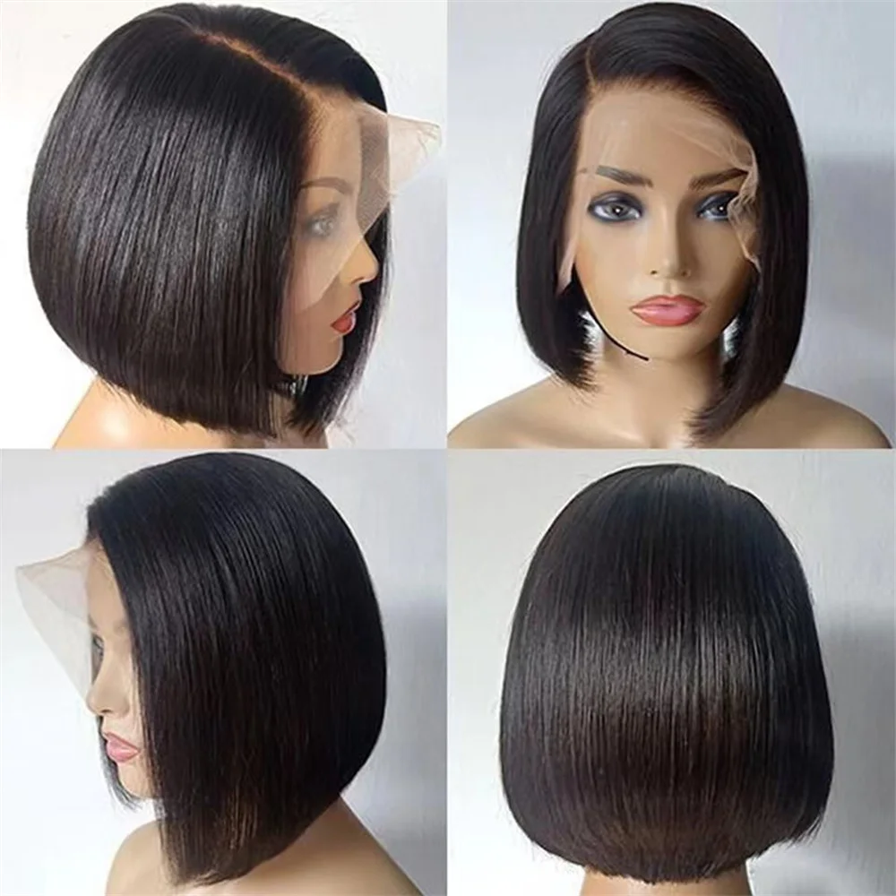 Seitlich geteilte Bob-Perücken, glattes Echthaar für schwarze Frauen, peruanische, vorgezupfte T-Part-Spitzenperücke, 10-12 Zoll kurze Bob-Perücke – Detail 7