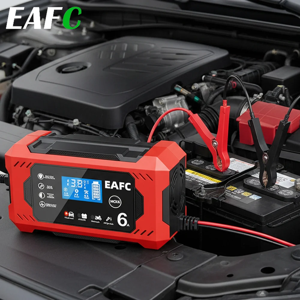 12V 6A/10A Auto- und Motorrad-Batterieladegerät – Intelligentes LCD-Display, Blei-Säure-Reparatur, Wartungsmodus, automatische Abschaltung, Schnellladung