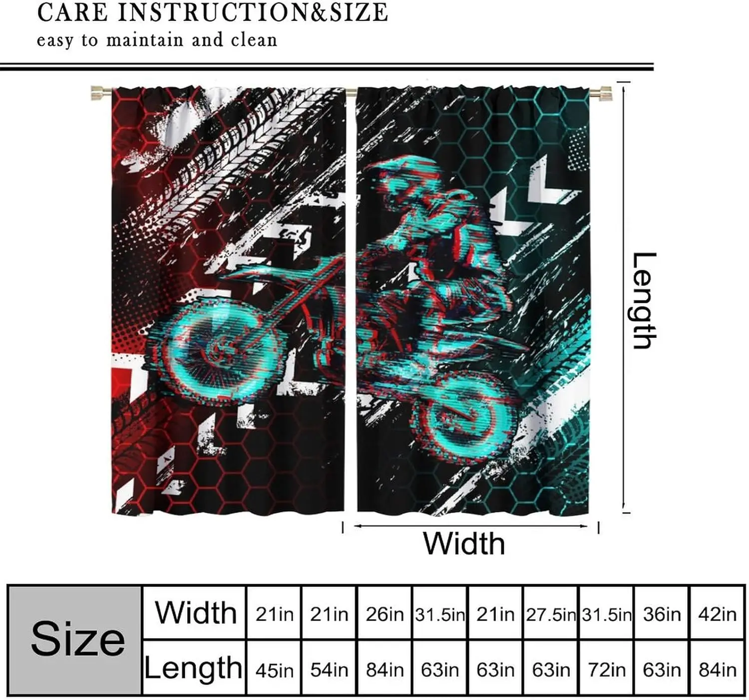 Abstract Motocross Rider Blackout Curtains, Extreme Sports Tire Track Print Drapes for Teens Man Cave Bedroom Home Decor
