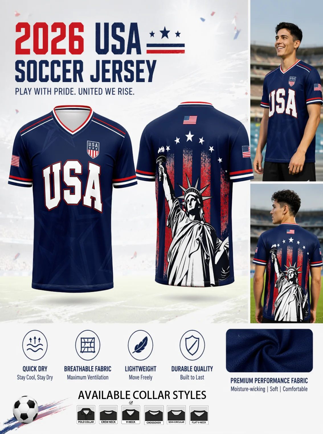 Deep‑blue patriotic‑themed fan jersey, star‑stripe backdrop print, six replaceable collar selections