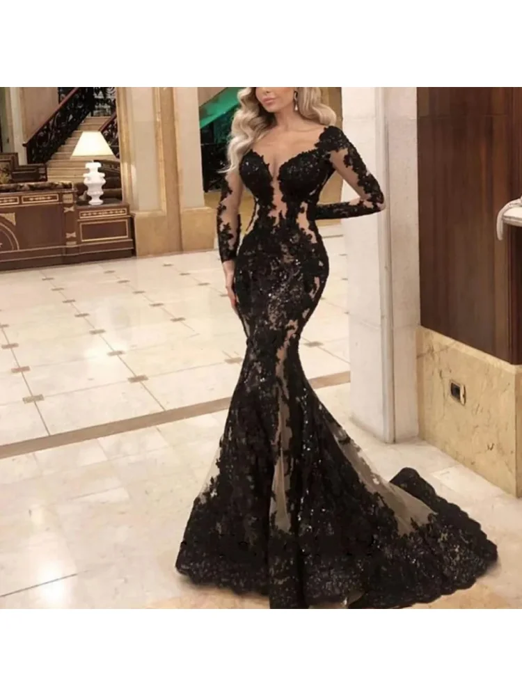 ชุดราตรีแขนยาวสีดำ คอวี เซ็กซี่ ปี 2026 ชุดออกงานกลางคืนใหม่ ชุดราตรีหรูหรา แขนยาว ชุดเดรสลูกไม้สำหรับงานพรอม