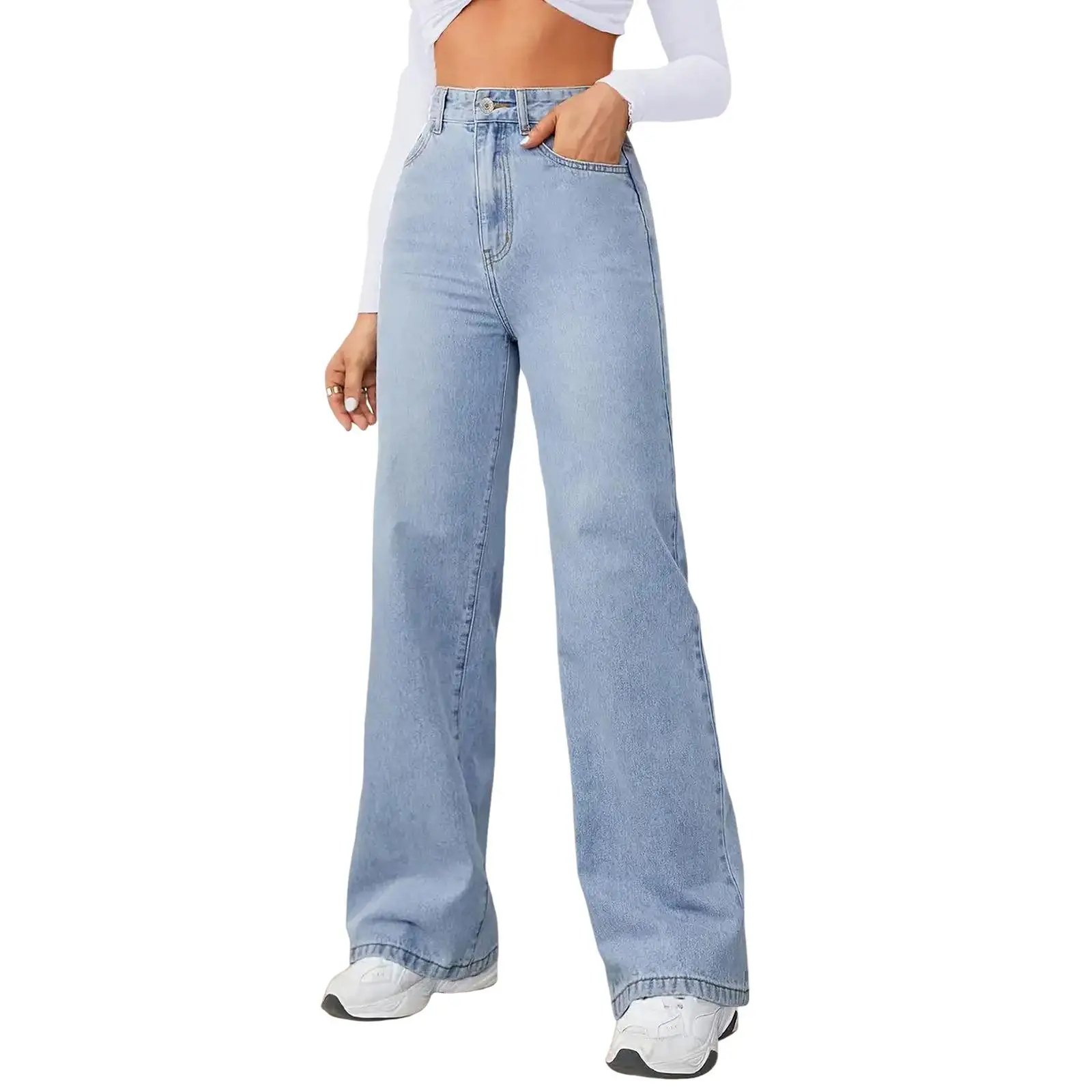 Hoge taille, rechte pijpen, hoge elastische damesjeans, casual Sle, geen strijken, katoenmix, blauwe kleur damesjeans