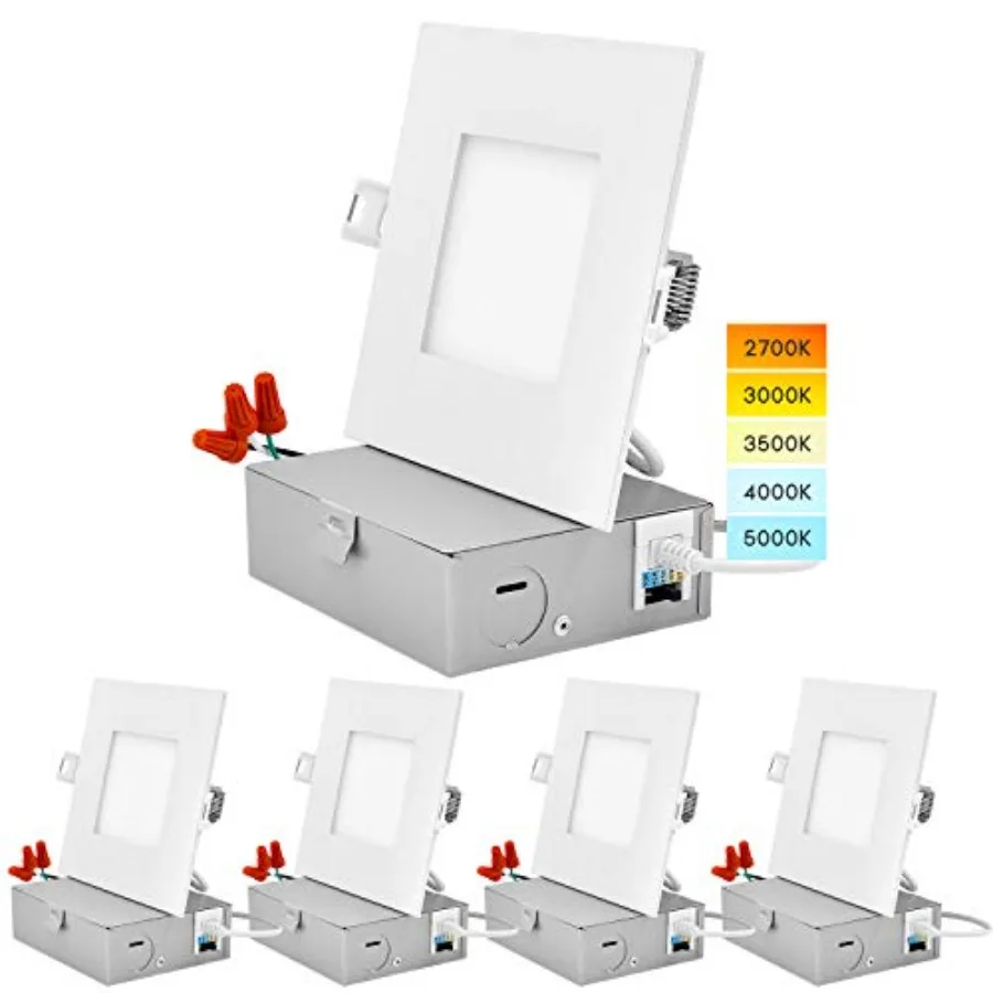 4 Inch Ultra Thin Square LED Recessed Lighting, 5 Color Temperature Options 2700K - 5000K, Dimmable Downlight, 10W, IC Rated, W