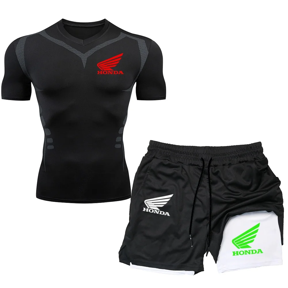 

Honda HRC co branded men's tight fitting quick drying sports T-shirt+shorts two-piece motorcycle riding suit
