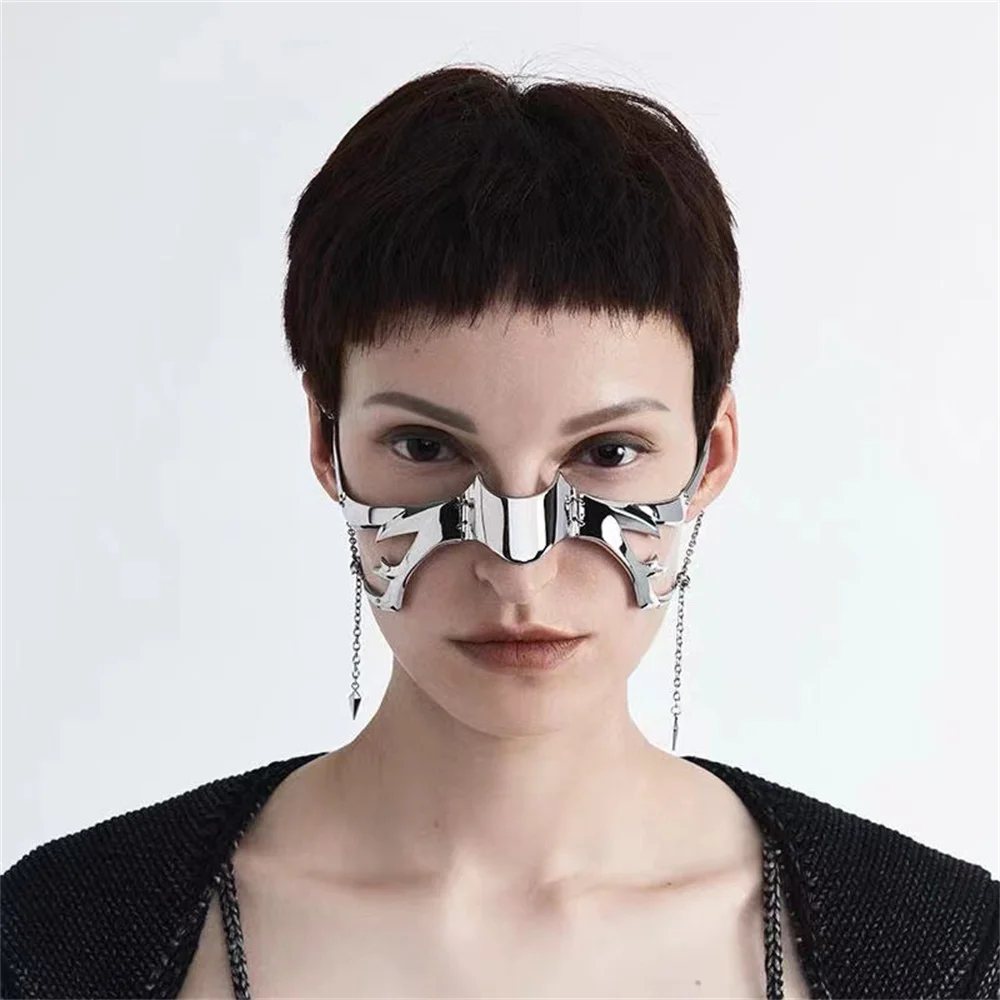 CyberPunk Irregular Titanium Steel Mask Gothic Punk Metal Mechanical Alien Fluid Face Ornament Earrings Party Jewelry Accessorie