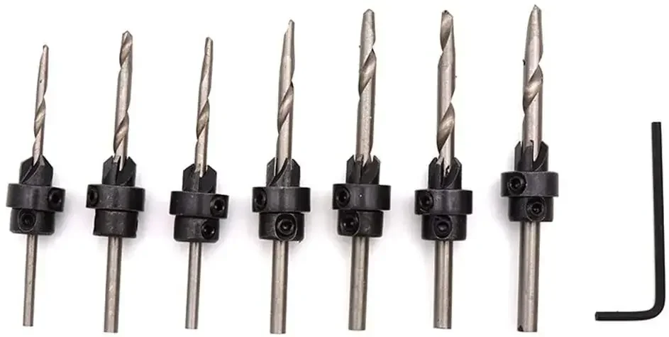 7PCS HSS Woodwork Tapered Countersink Drill Bits Set Depth Stop Adjustable Collar Woodworks Wood Tools Small Wrench Set