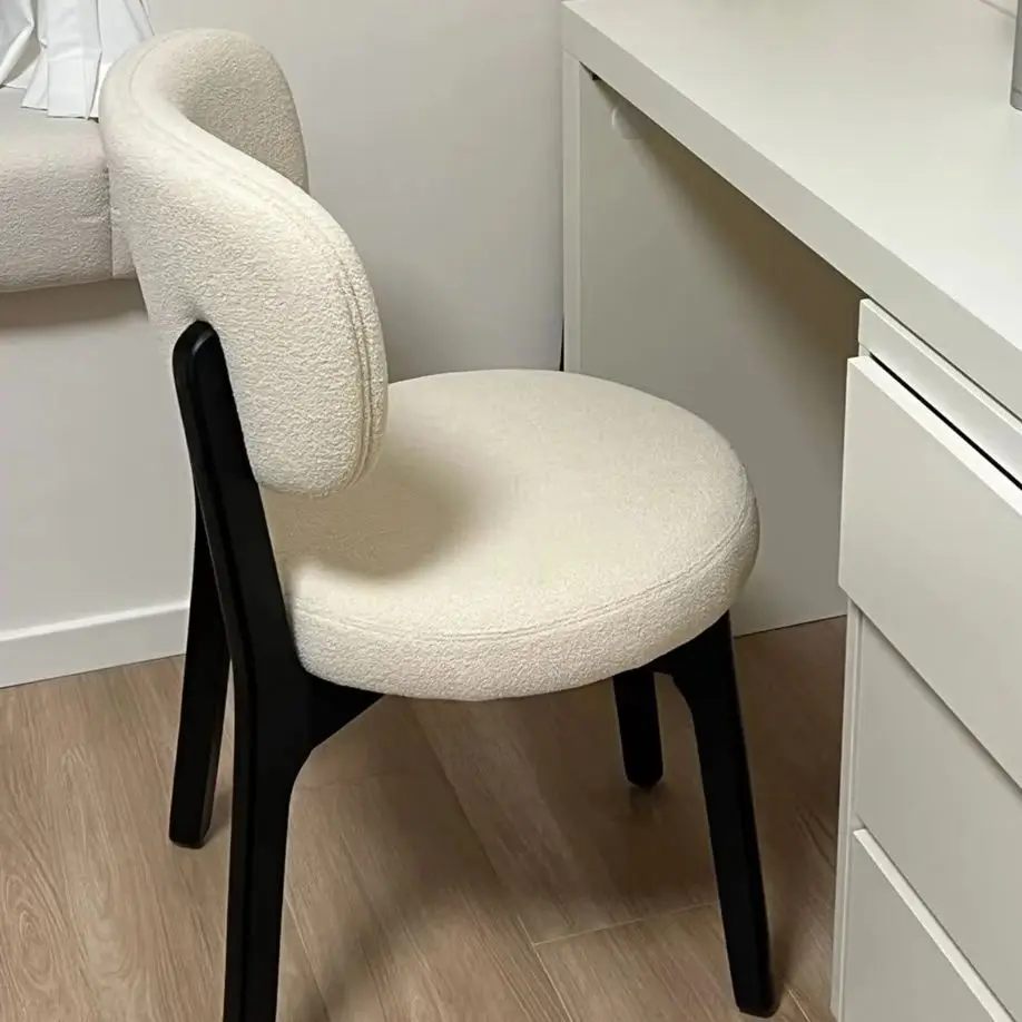 French Style Solid Wood Dining Chair with Sherpa Cushioned Seat Mid-Century Modern Compact Backrest Chair Space-Saving Design