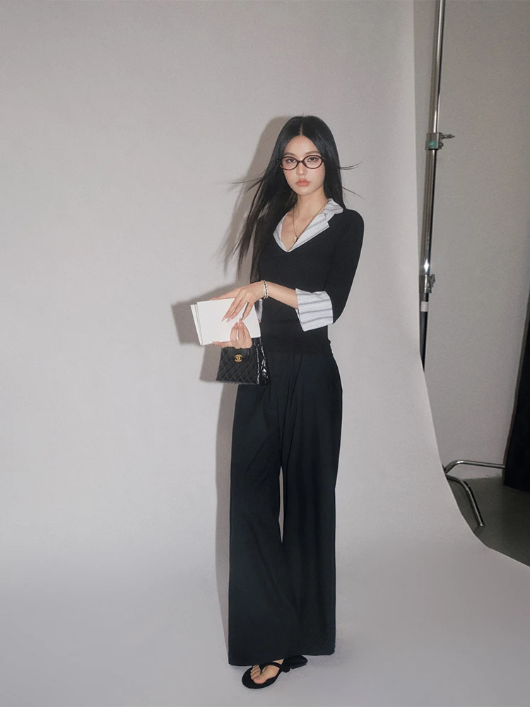 Spodnie garniturowe Olivia Duo z wysokim stanem i szerokimi nogawkami, luźne spodnie w stylu amerykańskim, eleganckie damskie spodnie premium, modne.