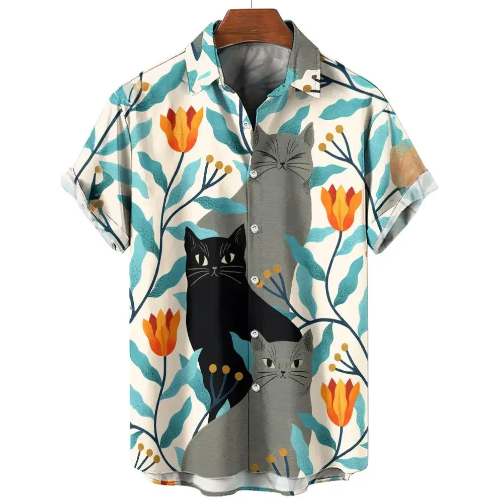 

2024 Summer Oversized Fun Fashion Anime Cat Pattern Shirt Casual Men's Shirt T-shirt Short Sleeve Top Harajuku Street Men's Wear