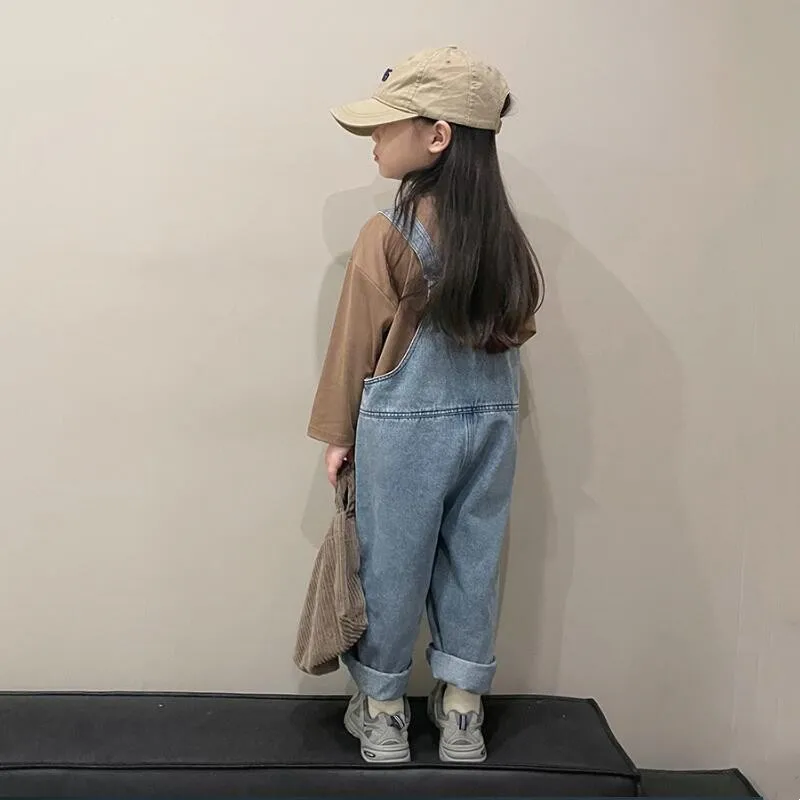 New Kid Boys Overall Girls Denim Strap Pants Solid Color Trousers Spring Autumn New Casual Cargo Pant Fashion Clothing 2-8 Years