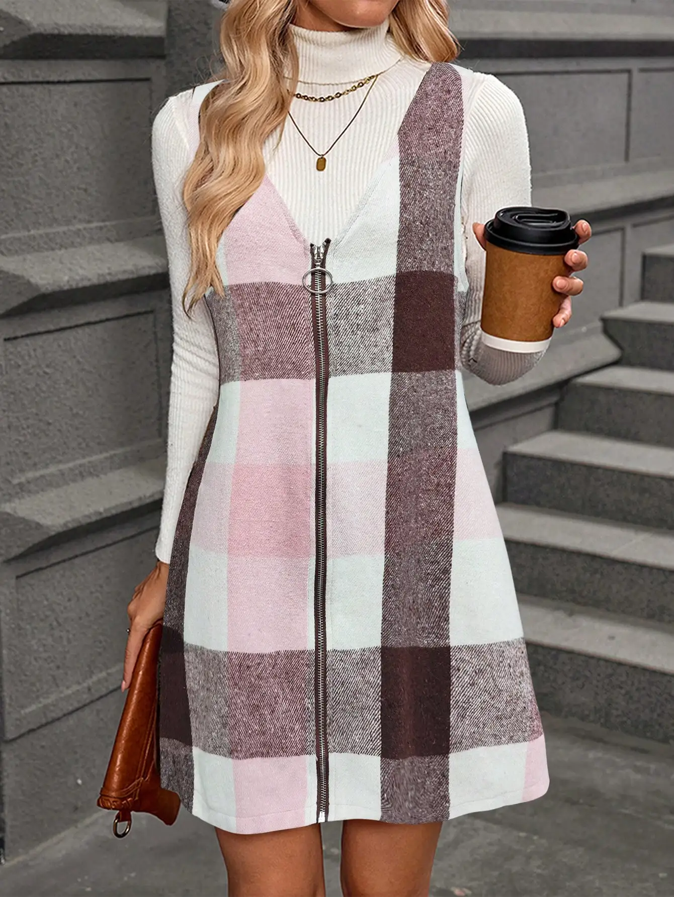 

Женское трикотажное платье-жилет с V-образным вырезом и молнией спереди, в клетку, осенне-зимнее, повседневное