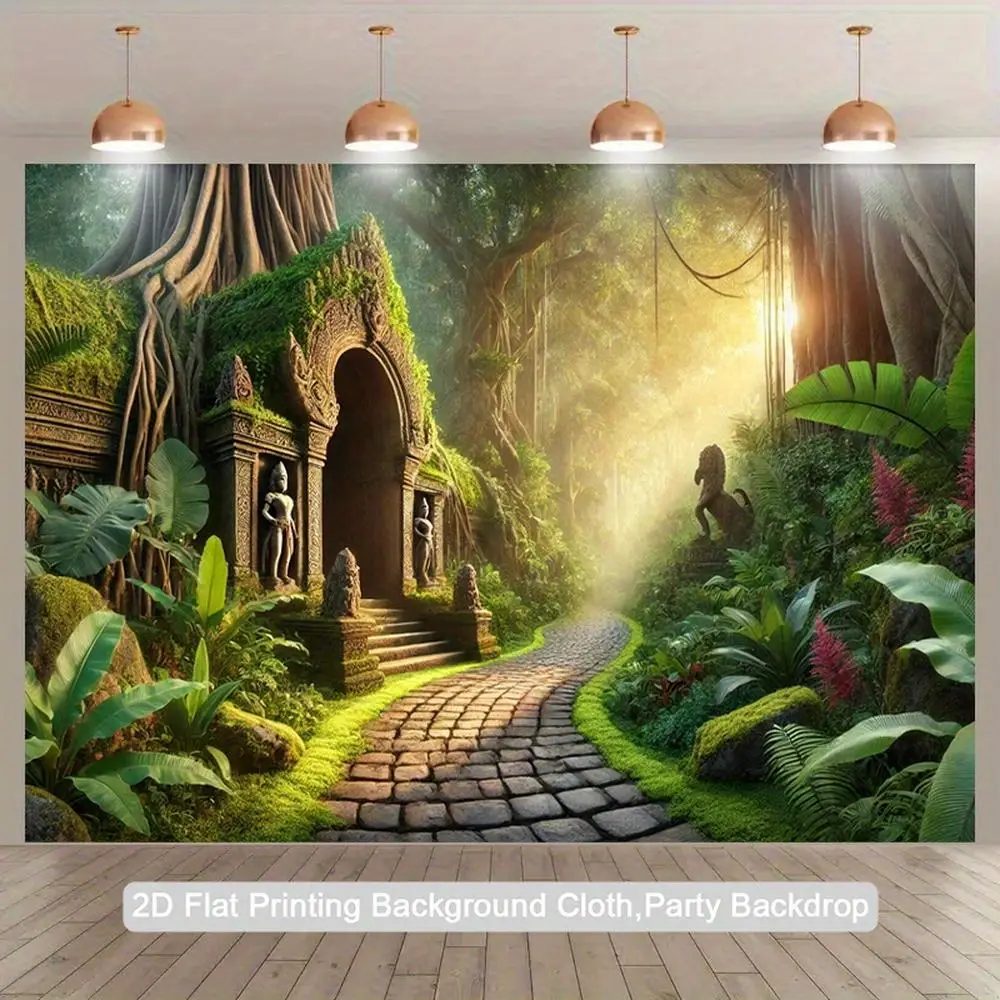 Fondo de tapiz plano 2D de puerta mística de 1 pieza, tema de jungla del templo antiguo con camino de piedra y puertas de estilo tailandés/burmanos