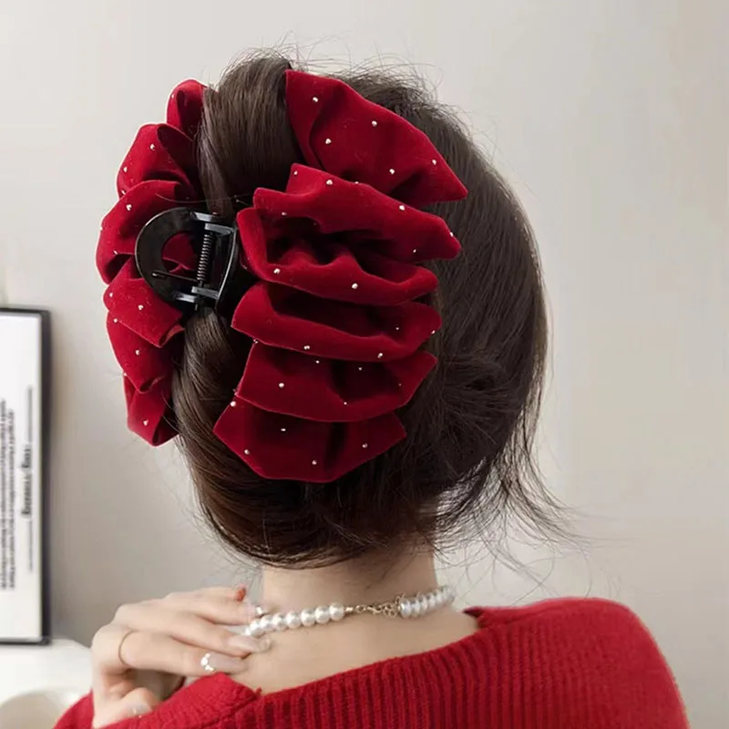 Elegante große einfarbige Samt diamantbesetzte Schleife Haarspangen Frauen Mädchen Haarklammern Haarnadel Kopfschmuck Haarschmuck – Detail 3