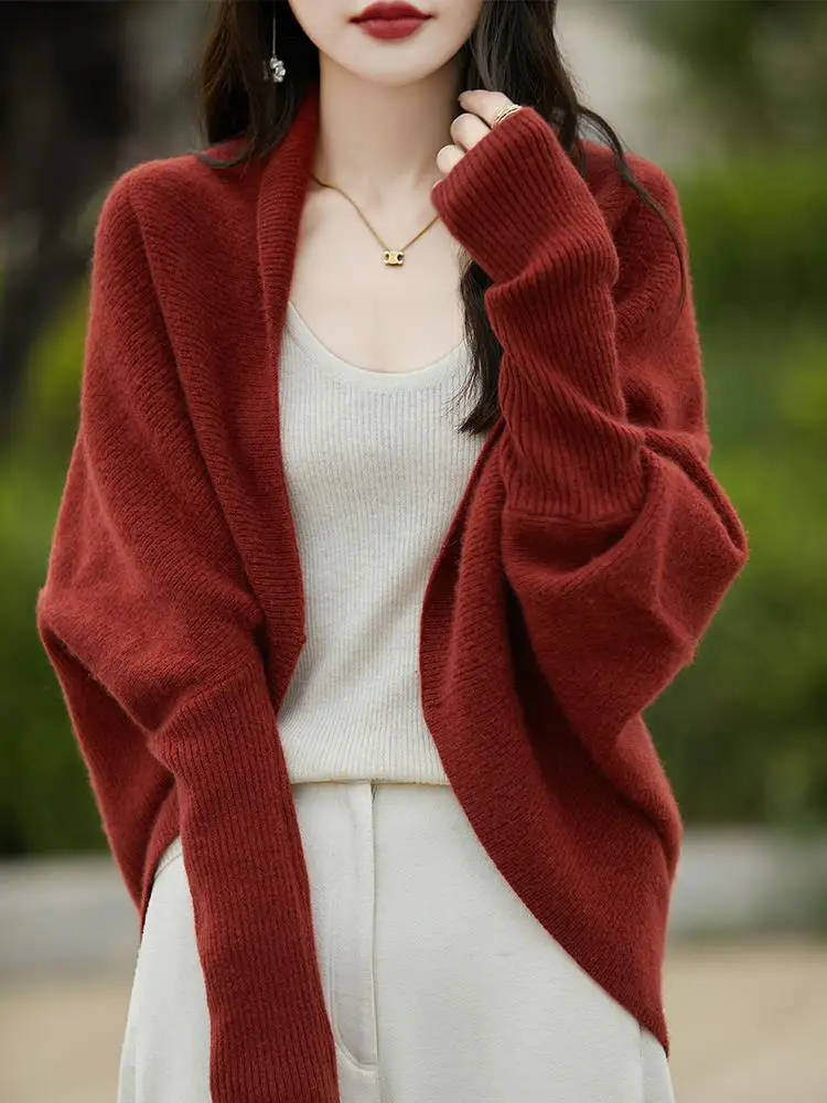 Elegant Women's Open Cardigan Batwing Sleeve Knitted Loose Coat Spring Autumn Winter Casual Style V-Neck Long Sleeve Sweater
