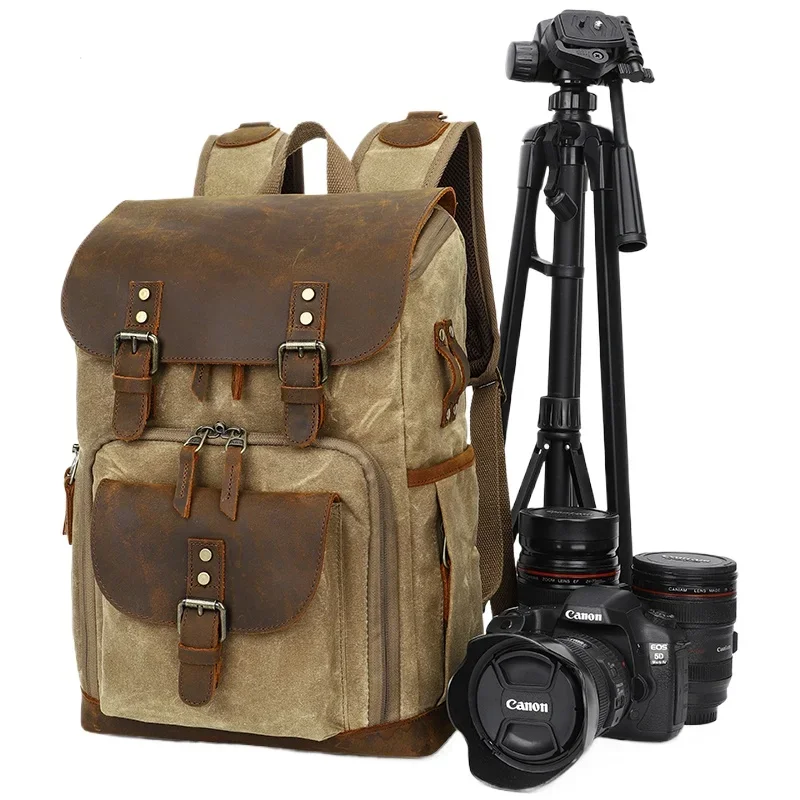 In Stock Waterproof Vintage Waxed Canvas Dslr SLR Camera And Laptop Bag  Backpack