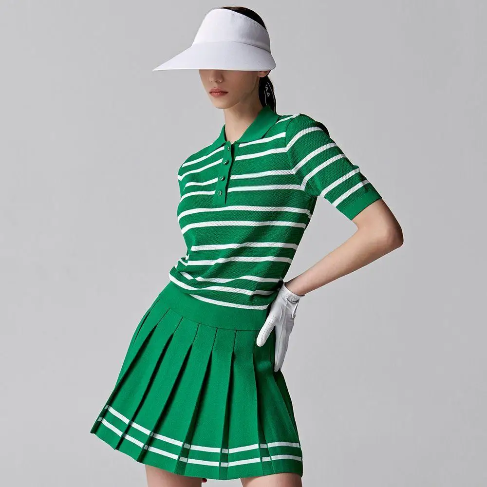 Ladies Golf Clothing Set Knitted Lapel Collar Short Sleeve Top + Pleated Skirt Fashion Versatile Sports Golf Two Piece Outfits
