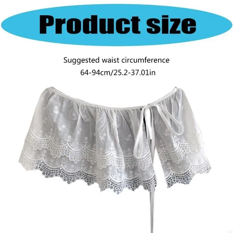 Frauen koreanische Stufe Rüschen Mini Schürze Rock Hollowout Blumenspitze Überdringung Hüftabdeckung Überträger Krawatte Taille